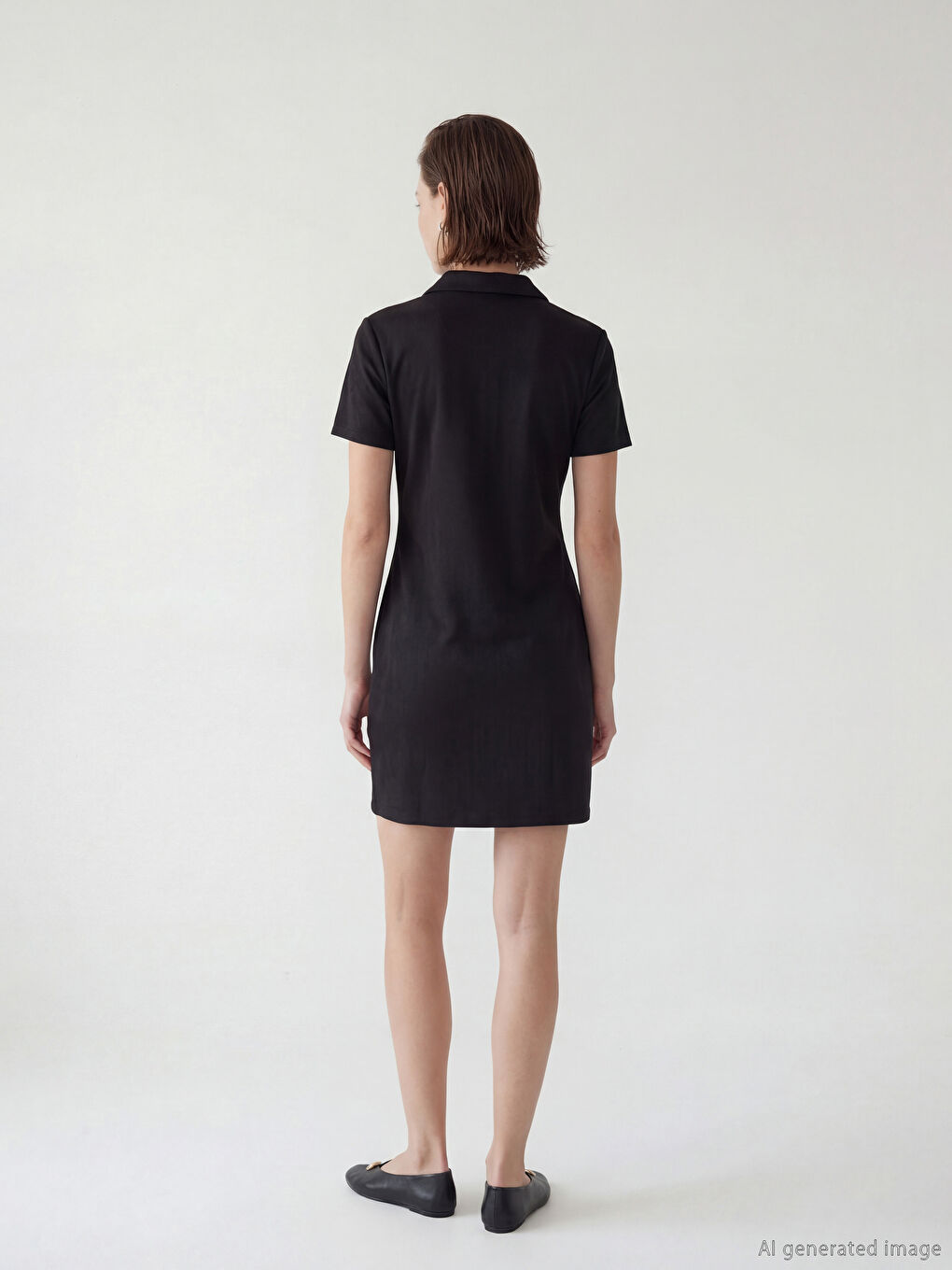 Siyah Polo Yaka Süet Görünümlü Mini Elbise-2