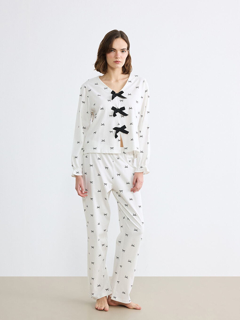 V-Neck Women's Pajama Set with Bow Detail