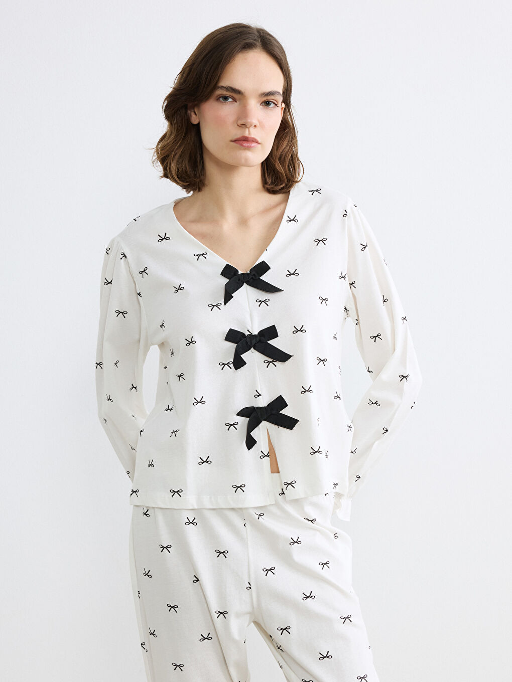 V-Neck Women's Pajama Set with Bow Detail-1