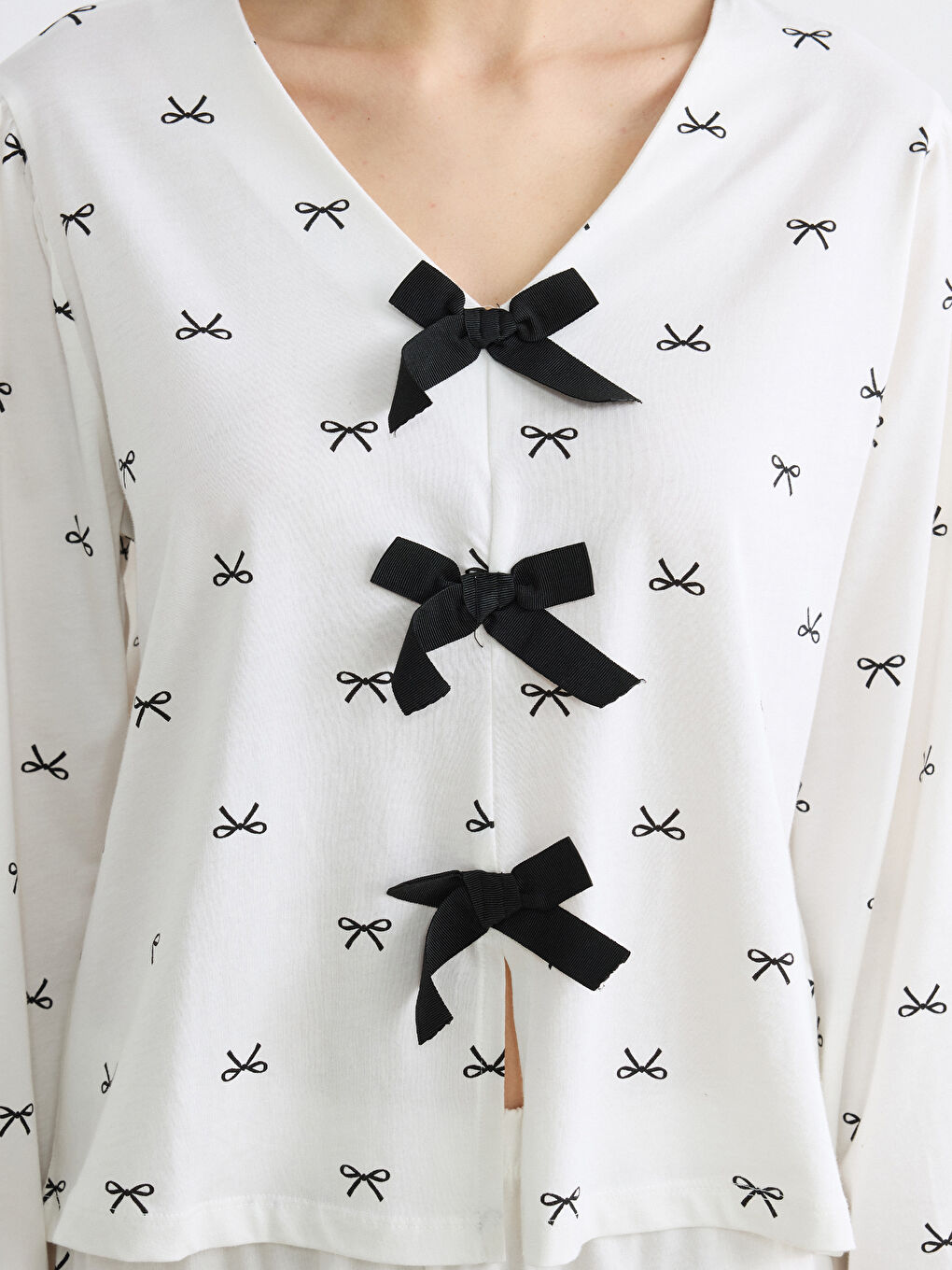 V-Neck Women's Pajama Set with Bow Detail-2