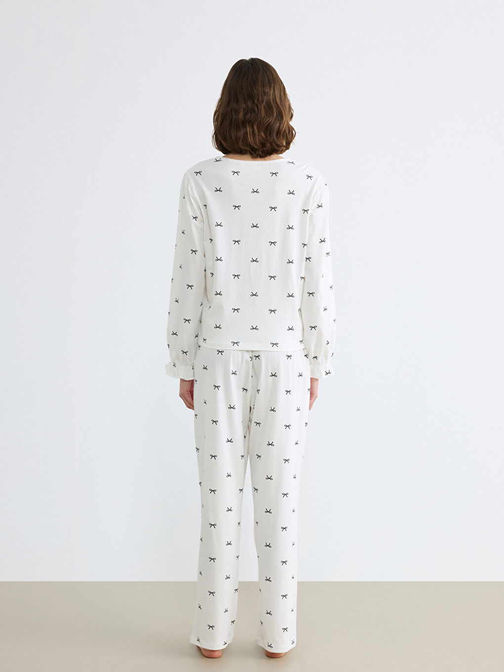 V-Neck Women's Pajama Set with Bow Detail-3