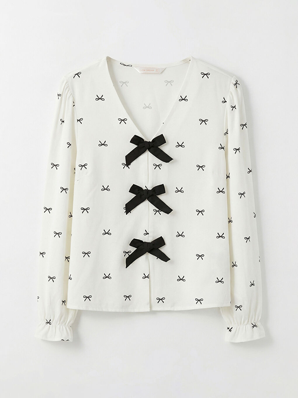 Ekru V Yaka Fiyonk Desenli Kadın Pijama Takım