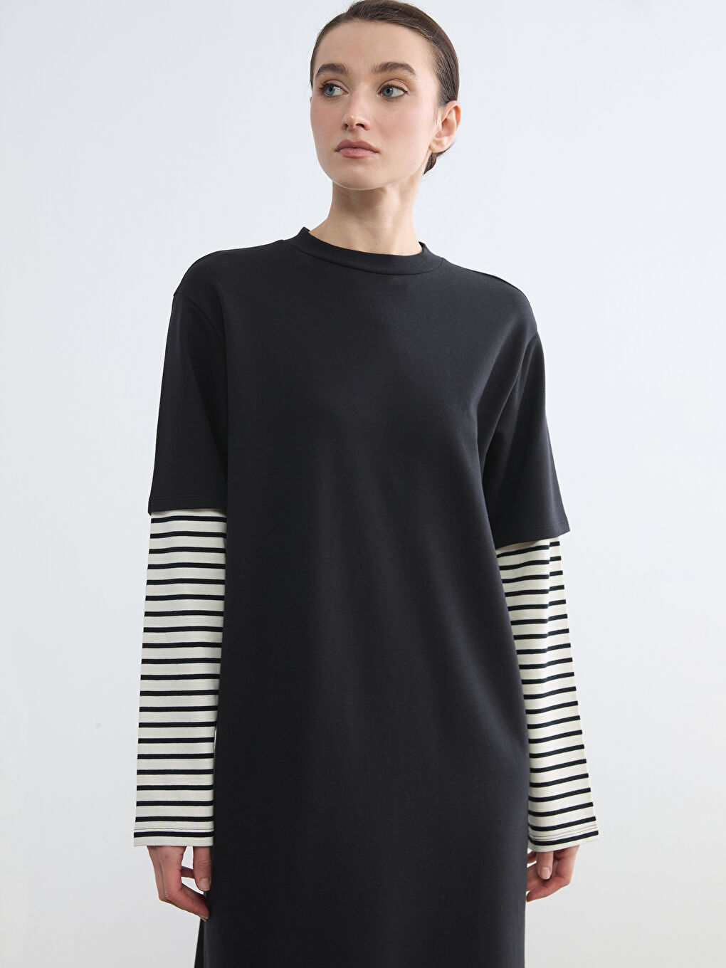 Siyah Bisiklet Yaka Çizgili Sweat Elbise	-1