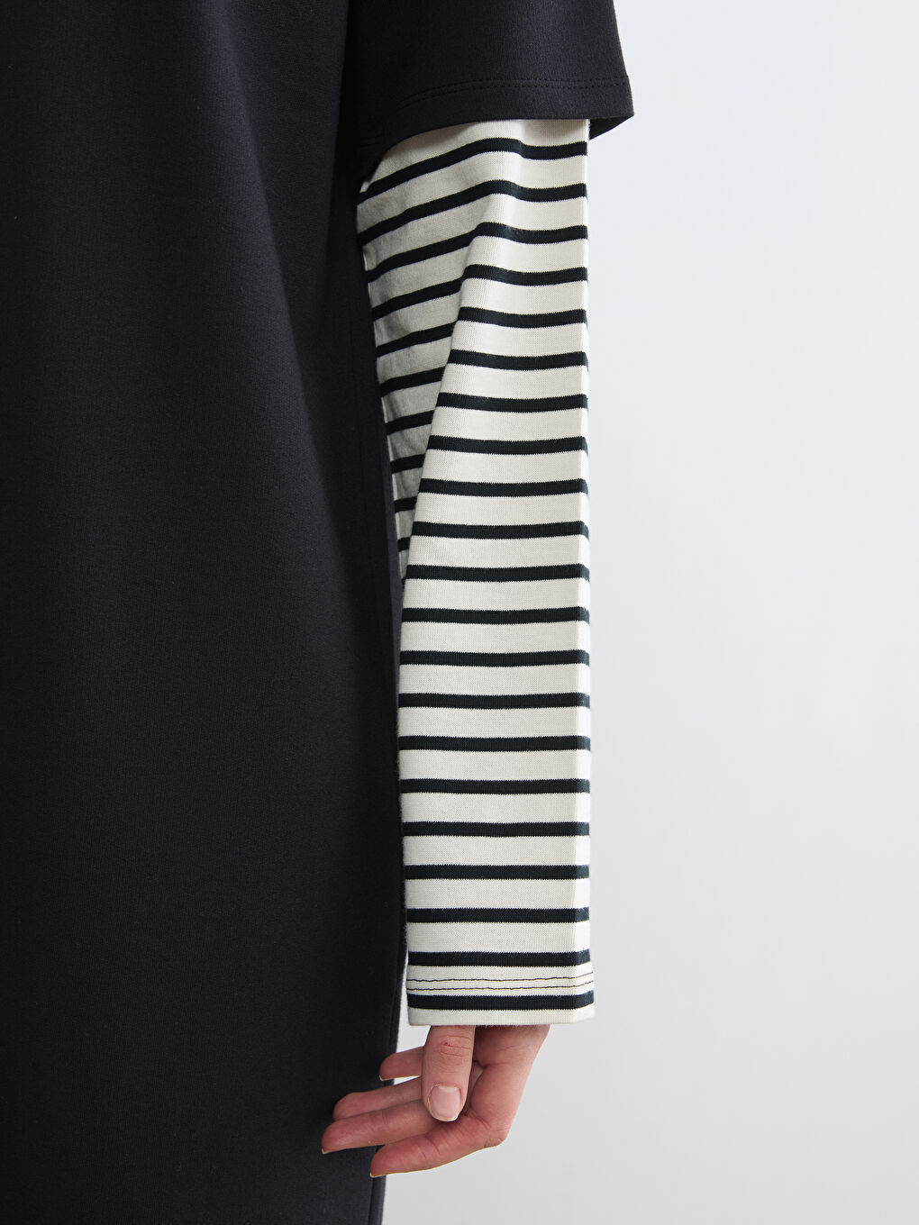 Siyah Bisiklet Yaka Çizgili Sweat Elbise	-2