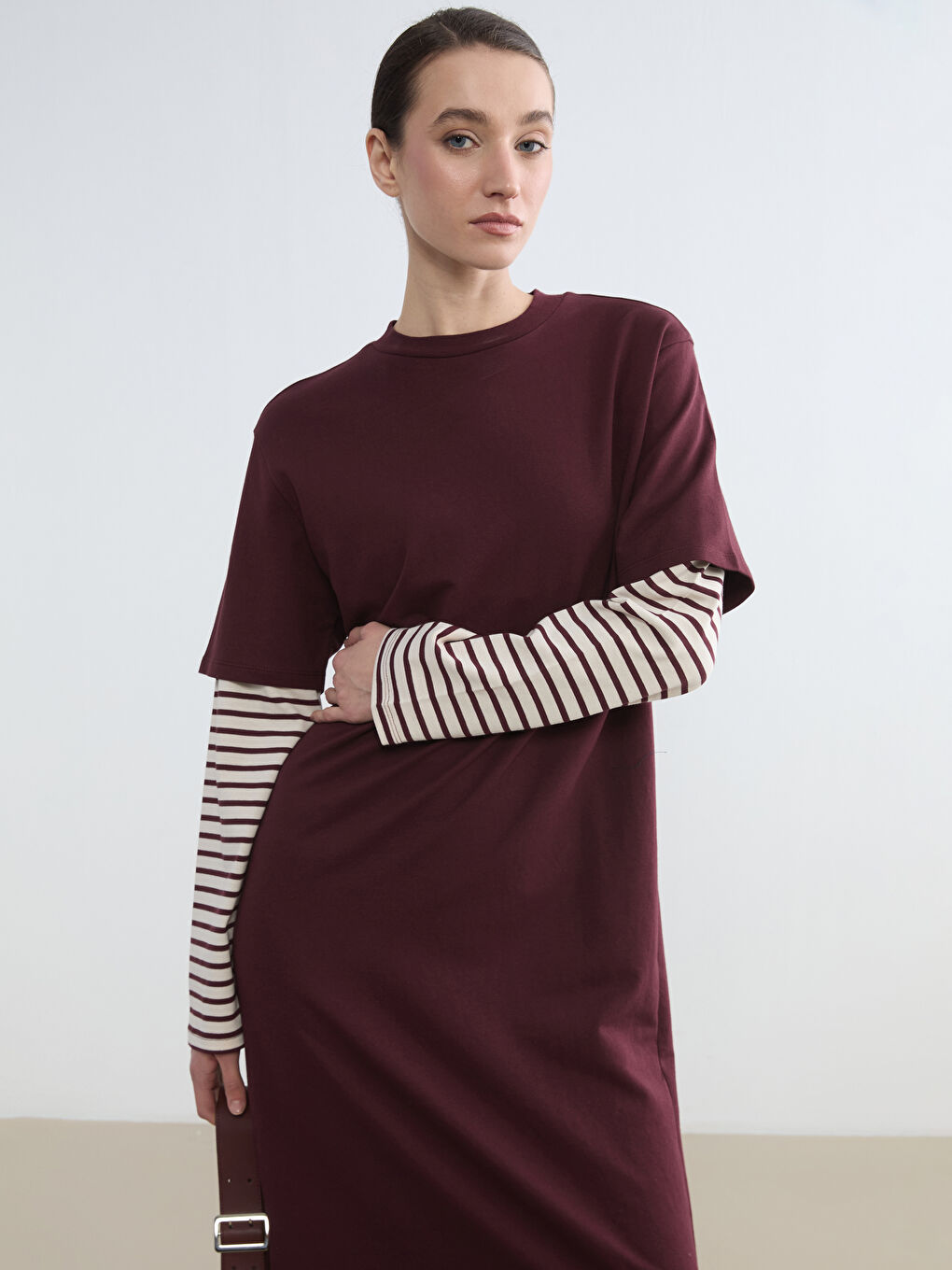 Bordo Bisiklet Yaka Çizgili Sweat Elbise	-1