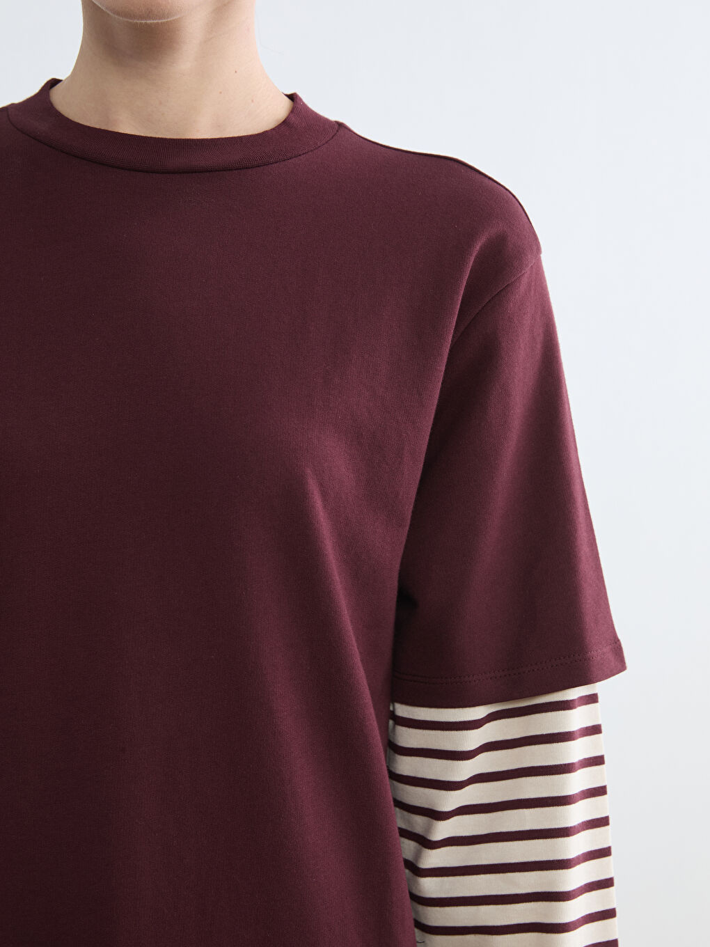 Bordo Bisiklet Yaka Çizgili Sweat Elbise	-2