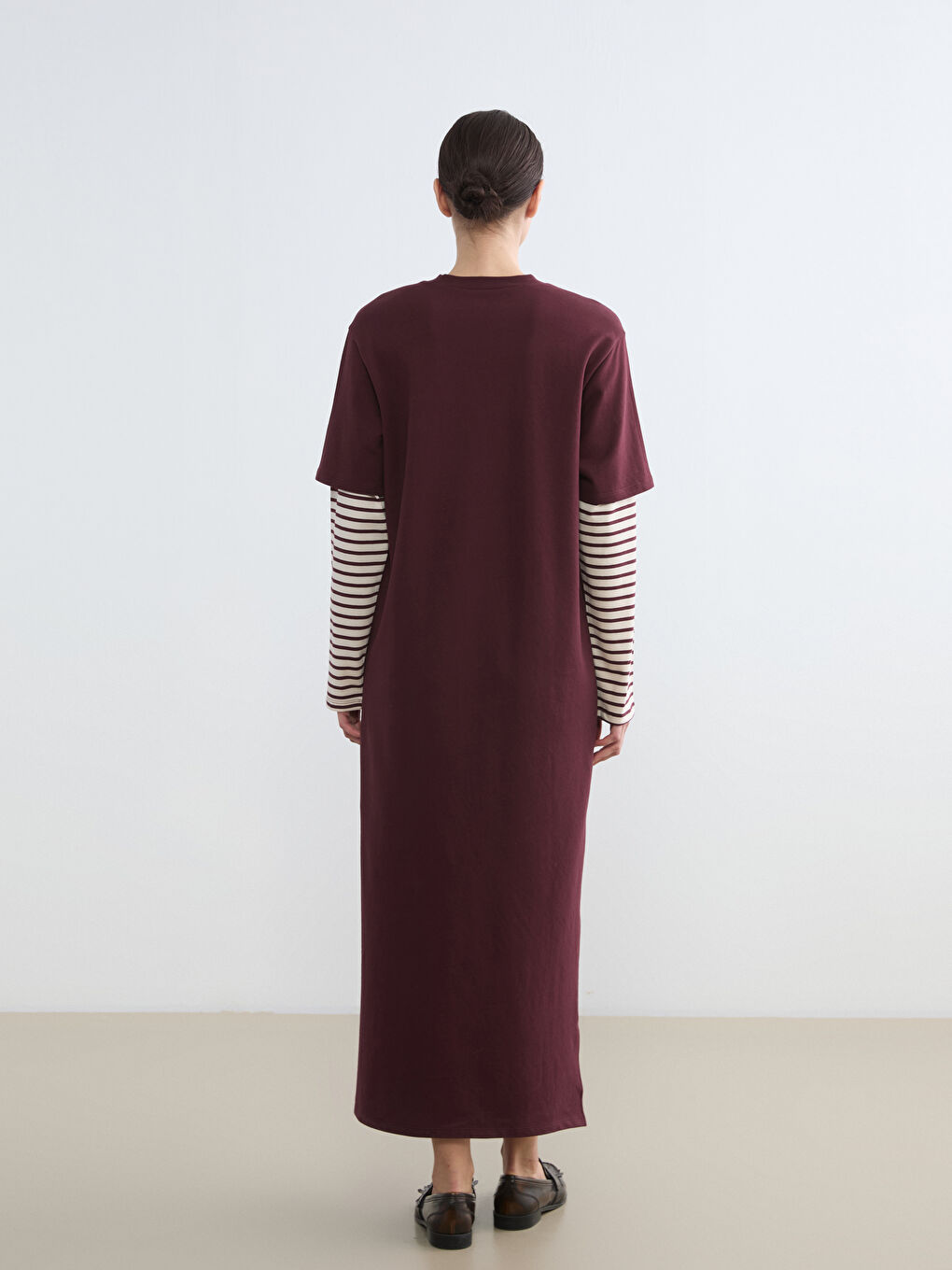 Bordo Bisiklet Yaka Çizgili Sweat Elbise	-3