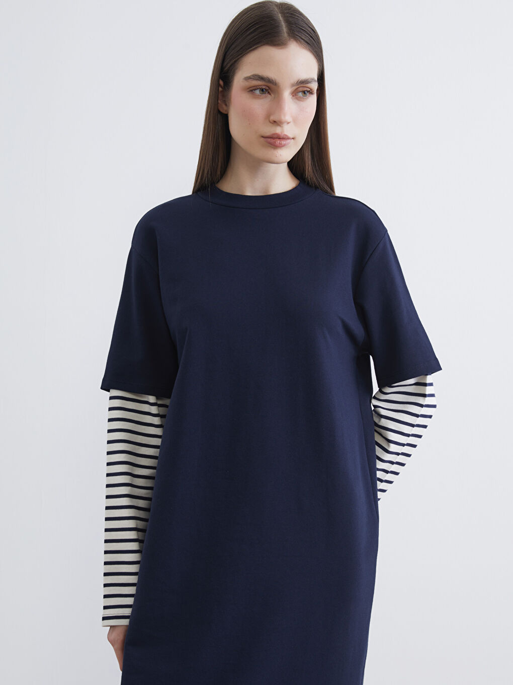 Lacivert Bisiklet Yaka Çizgili Sweat Elbise	