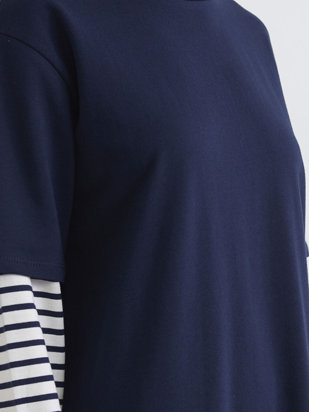 Lacivert Bisiklet Yaka Çizgili Sweat Elbise	-2