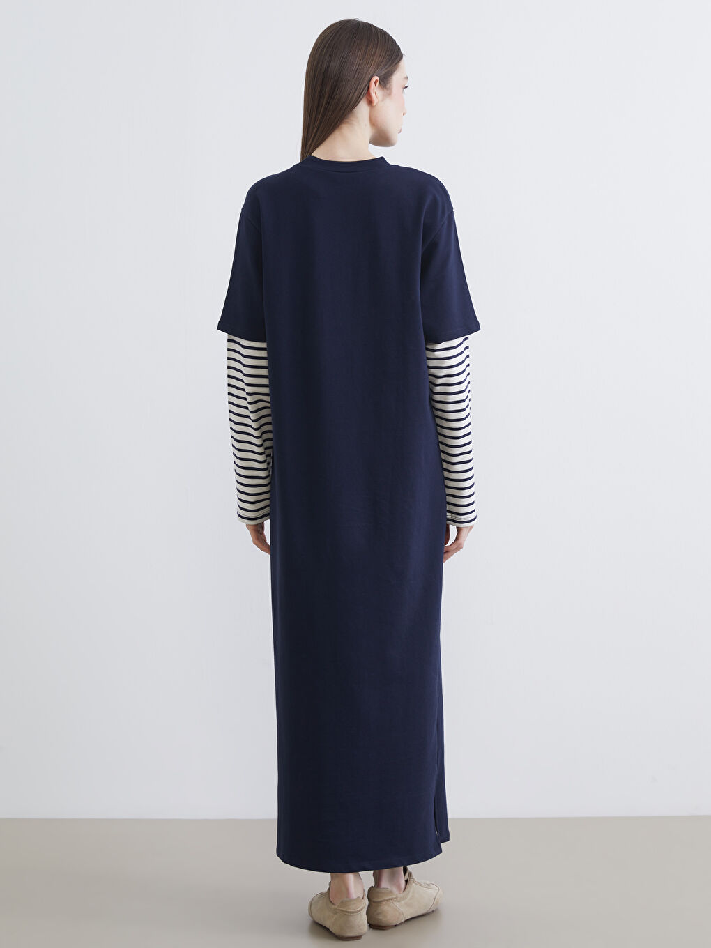 Lacivert Bisiklet Yaka Çizgili Sweat Elbise	-3