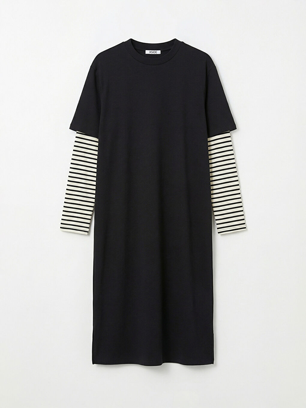 Siyah Bisiklet Yaka Çizgili Sweat Elbise	-4