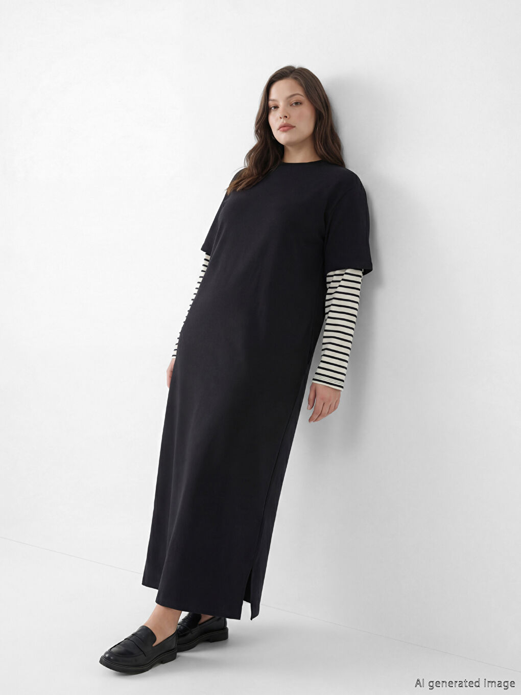 Siyah Bisiklet Yaka Çizgili Sweat Elbise	-1