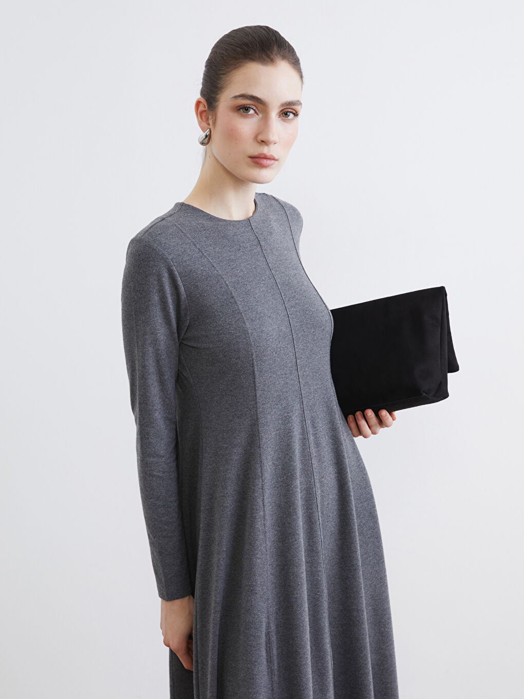 Gri Bisiklet Yaka Kloş Elbise-1