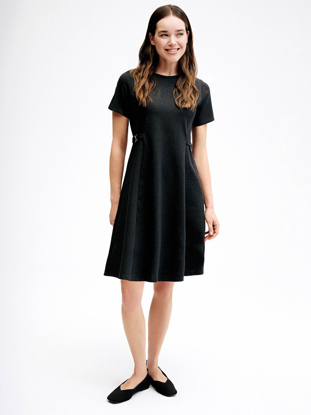 Antrasit Bisiklet Yaka Süs Kemer Detaylı Mini Elbise	-1