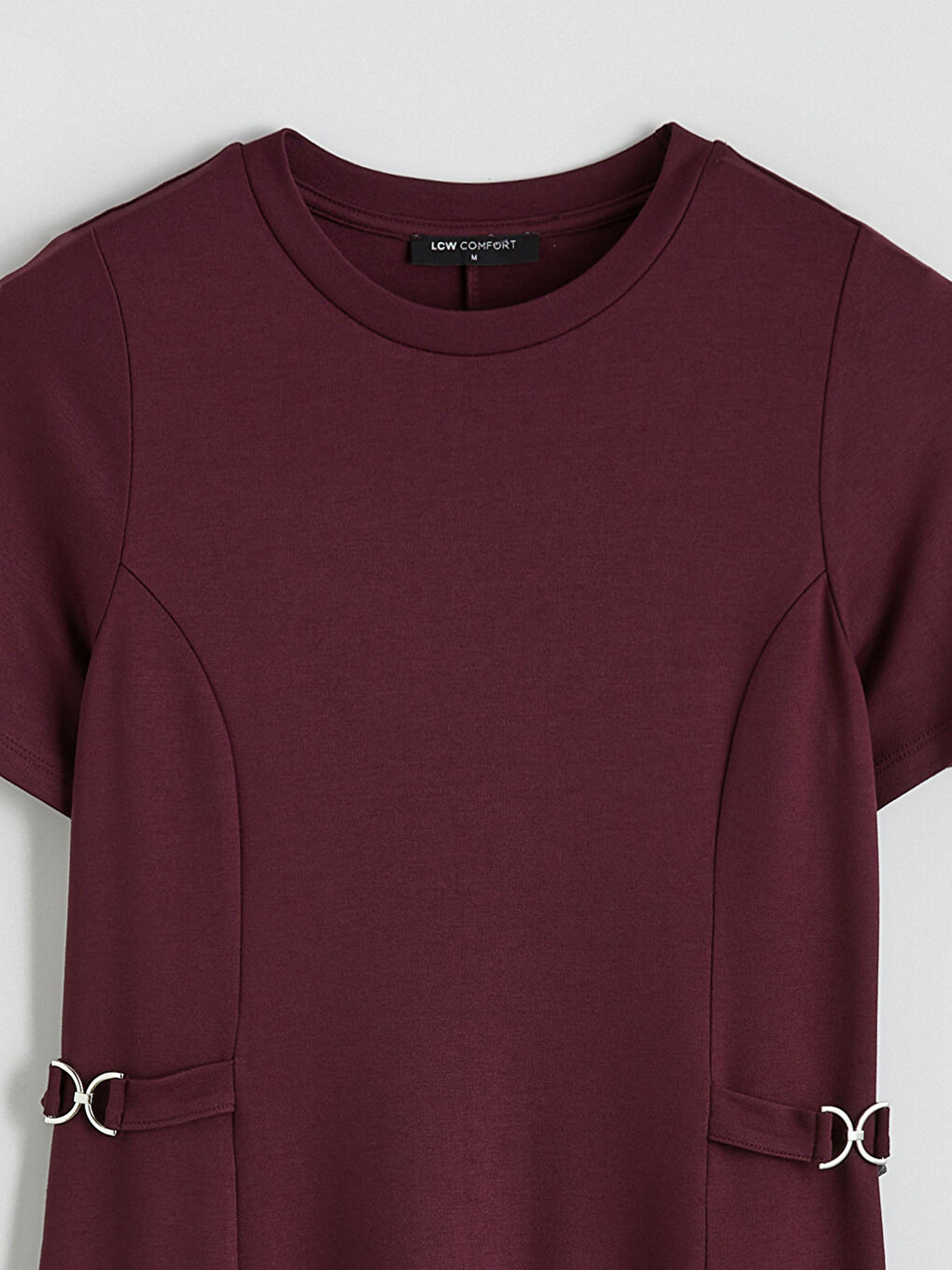 Bordo Bisiklet Yaka Süs Kemer Detaylı Mini Elbise	-1