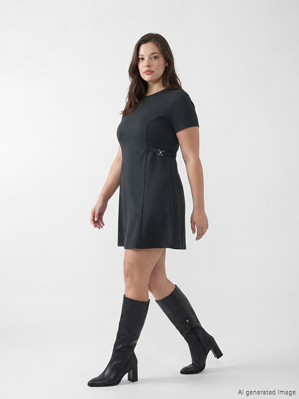 Mini dress with a round neck and decorative belt detail.-3