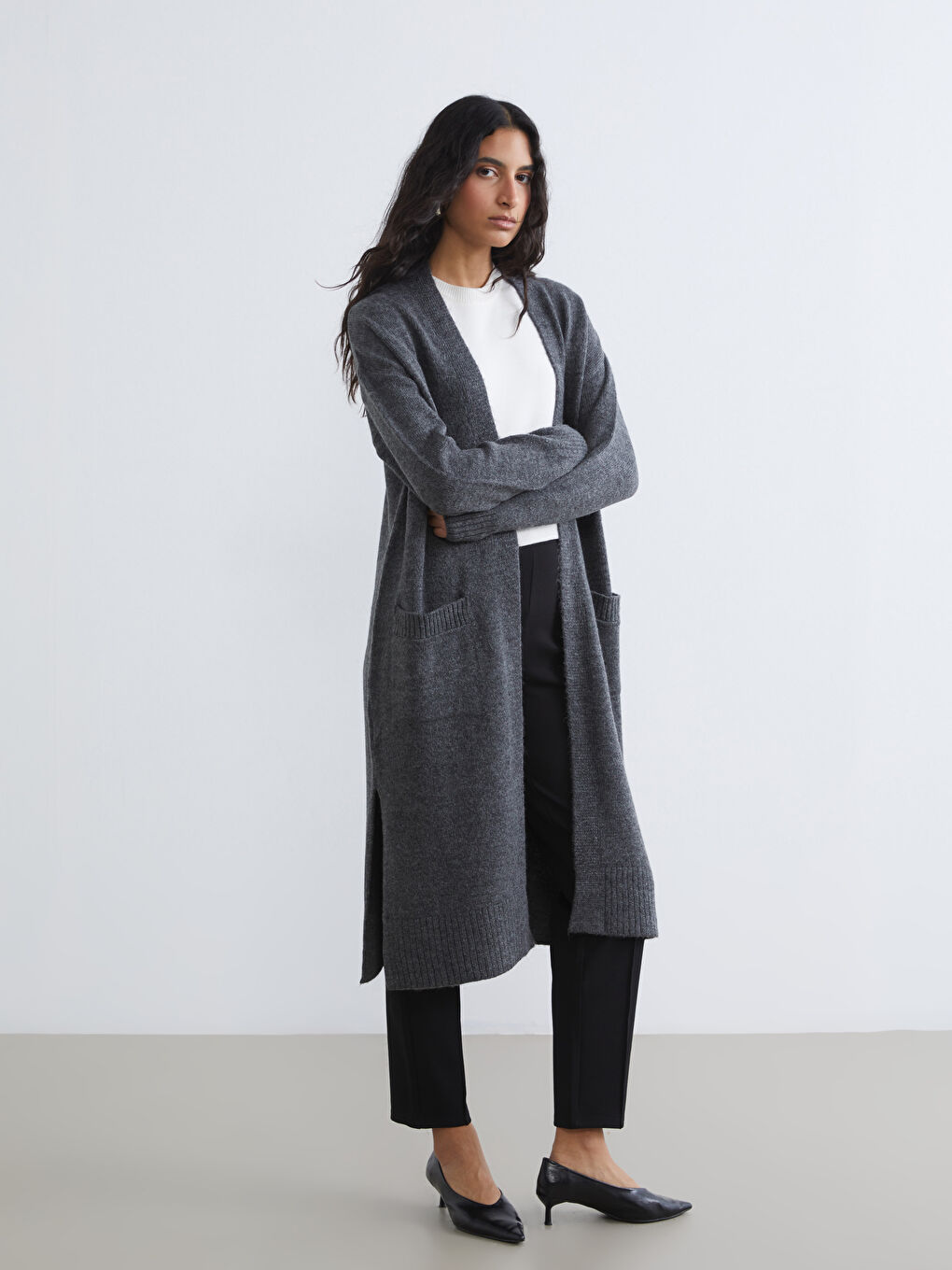 Gri Şal Yaka Kadın Triko Hırka