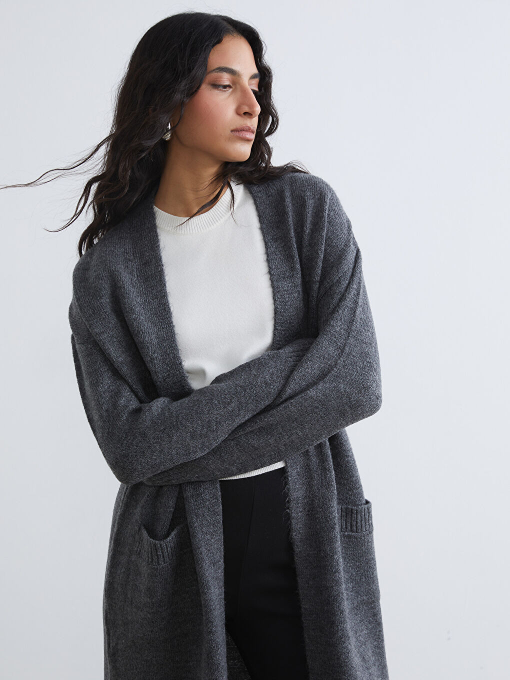 Gri Şal Yaka Kadın Triko Hırka-1