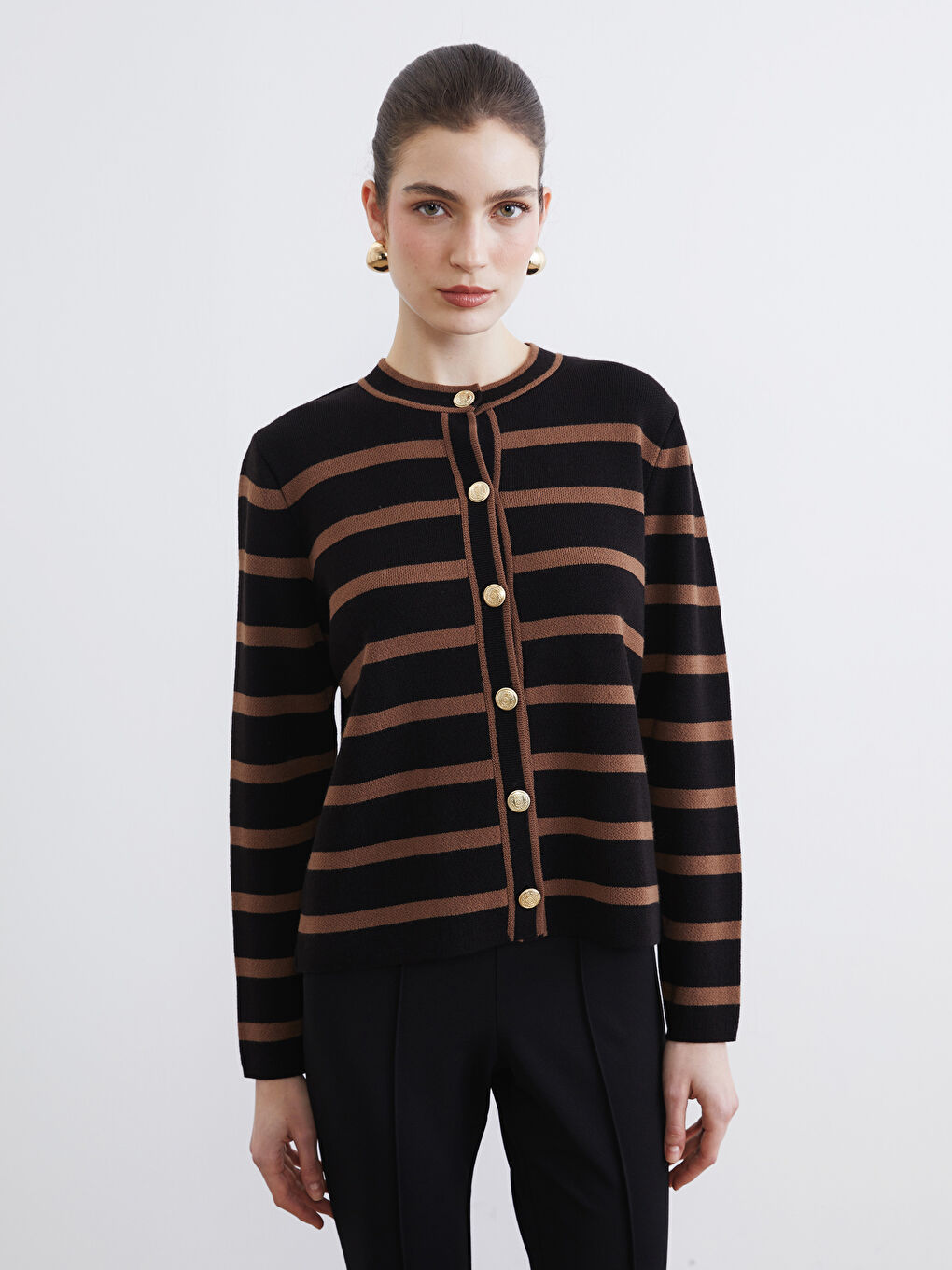 Kahverengi Bisiklet Yaka Çizgili Kadın Triko Hırka