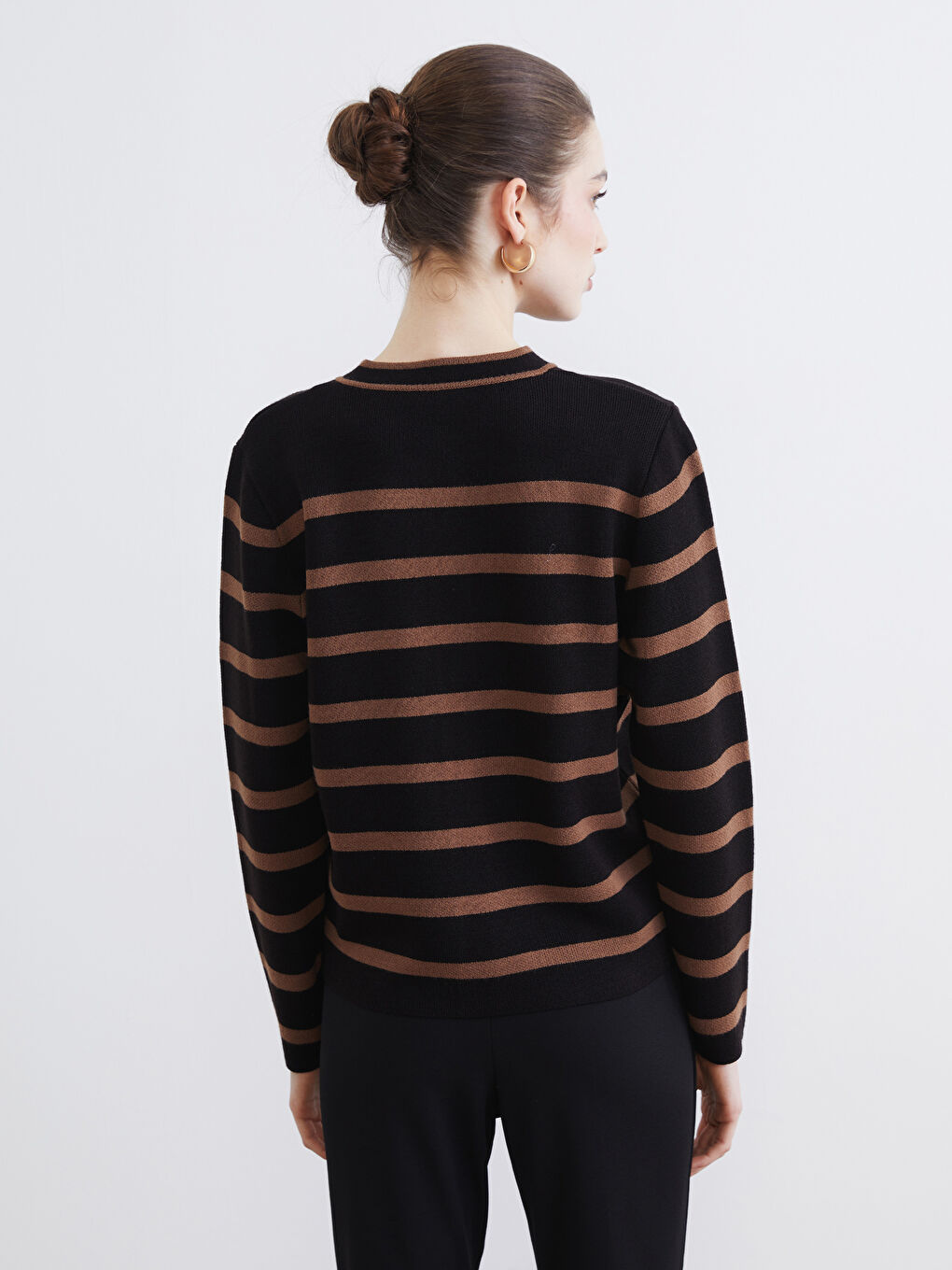 Kahverengi Bisiklet Yaka Çizgili Kadın Triko Hırka-3