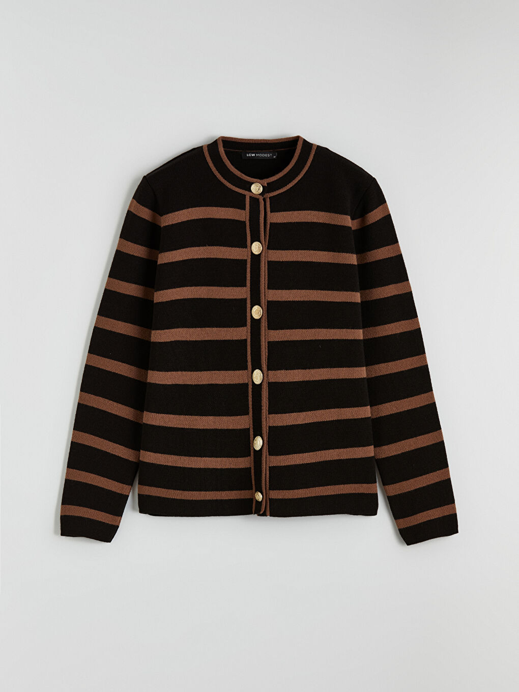 Kahverengi Bisiklet Yaka Çizgili Kadın Triko Hırka