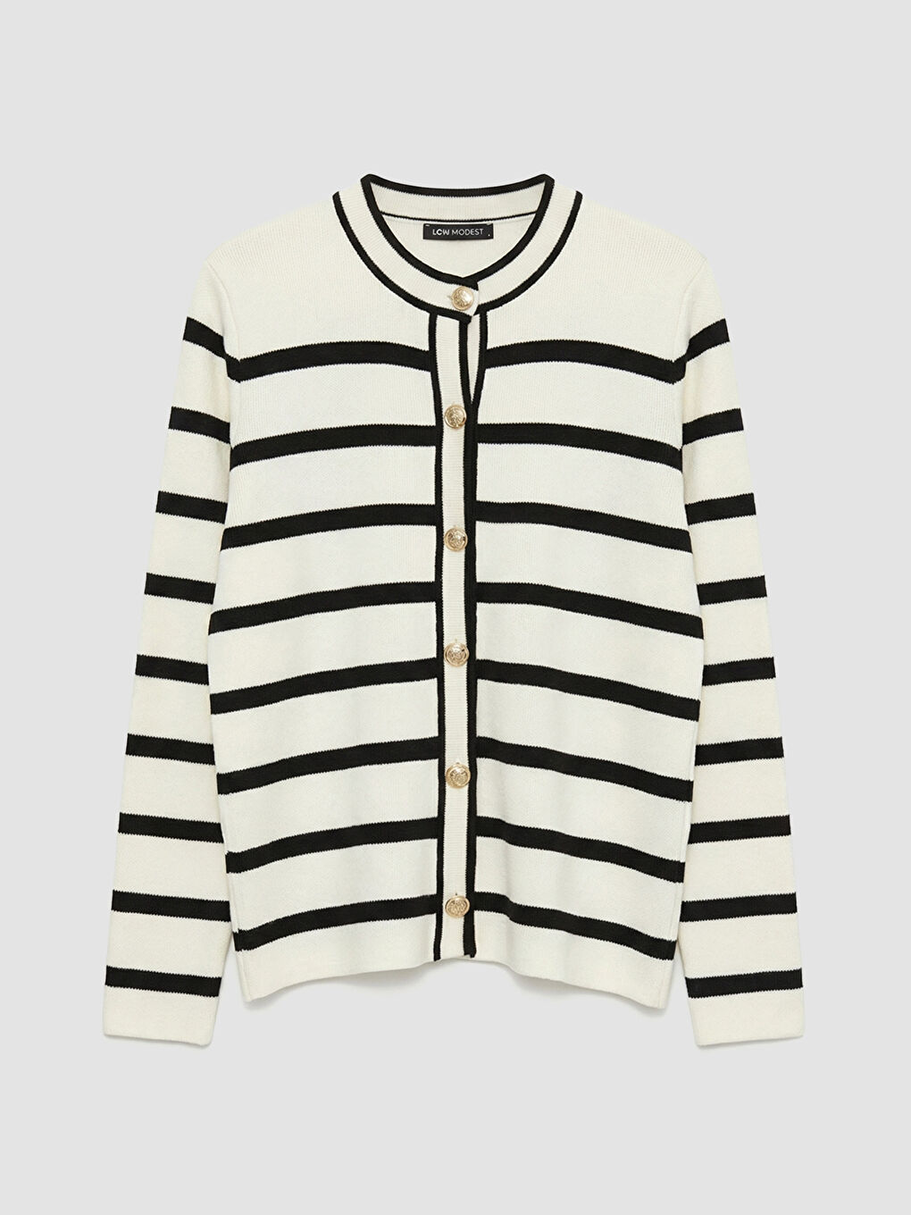 Ekru Bisiklet Yaka Çizgili Kadın Triko Hırka