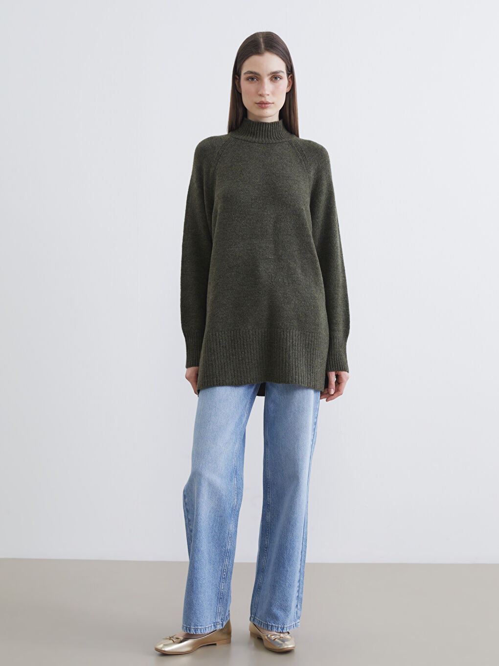 Haki Balıkçı Yaka Oversize Kadın Triko Tunik-1