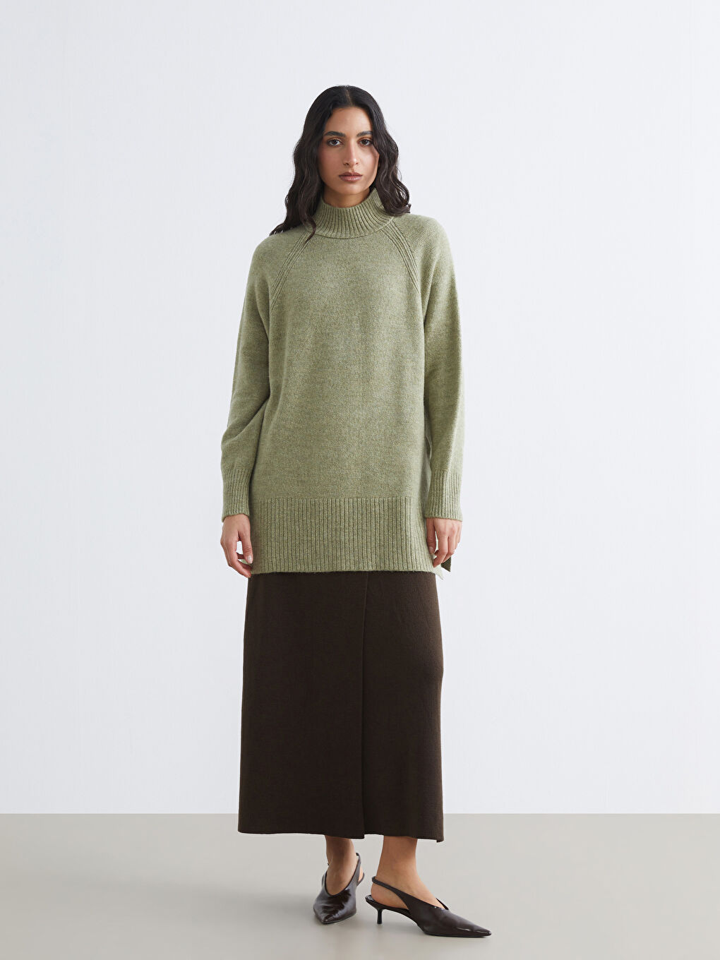 Yeşil Balıkçı Yaka Oversize Kadın Triko Tunik-1