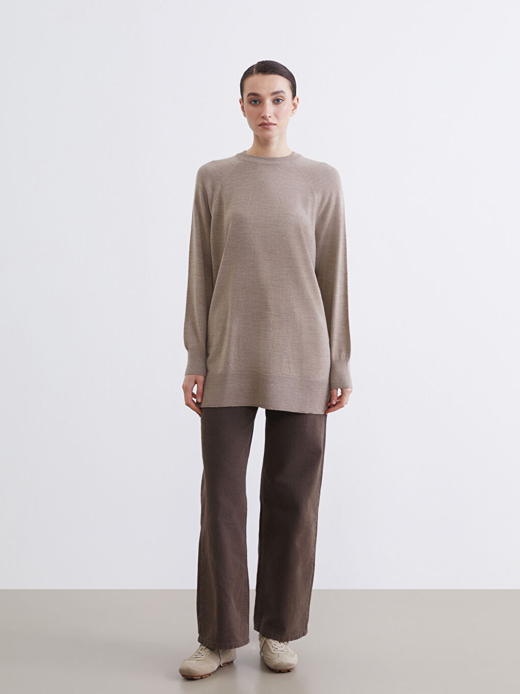 Bej Bisiklet Yaka Kadın Triko Tunik-1