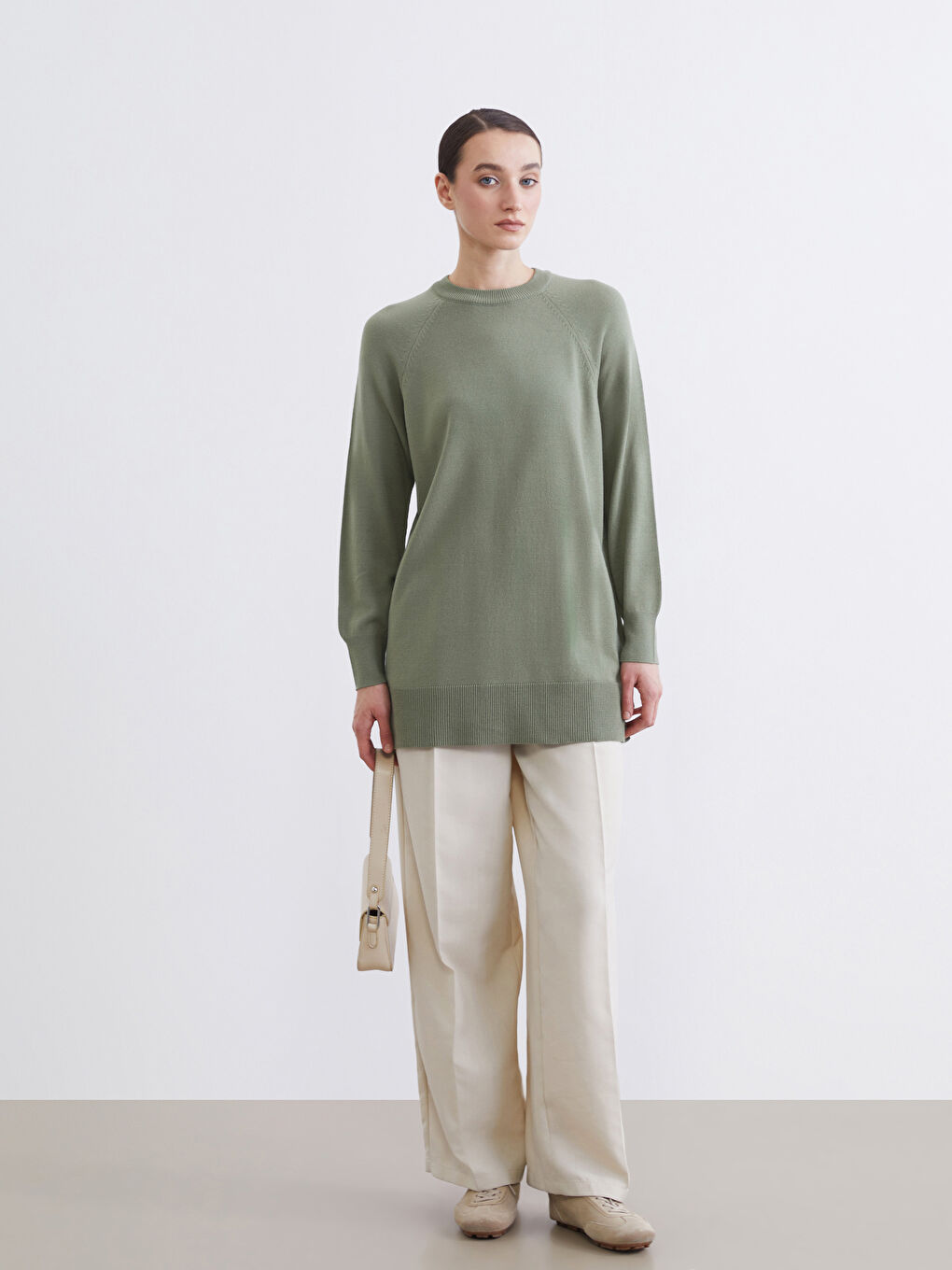 Yeşil Bisiklet Yaka Kadın Triko Tunik-1