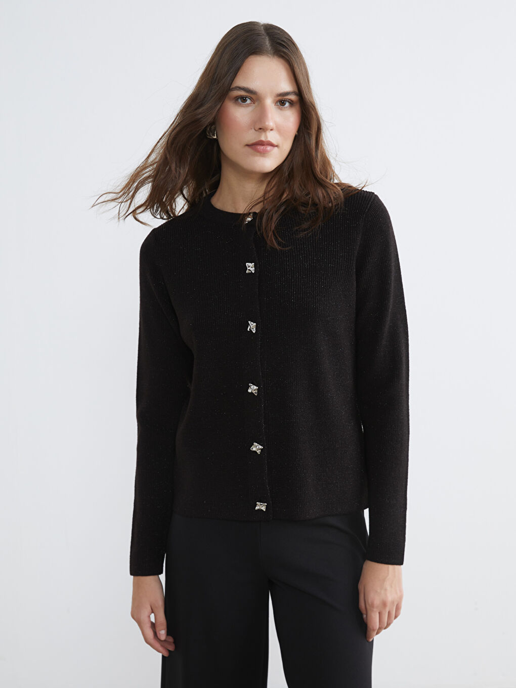 Siyah Bisiklet Yaka Kadın Triko Hırka