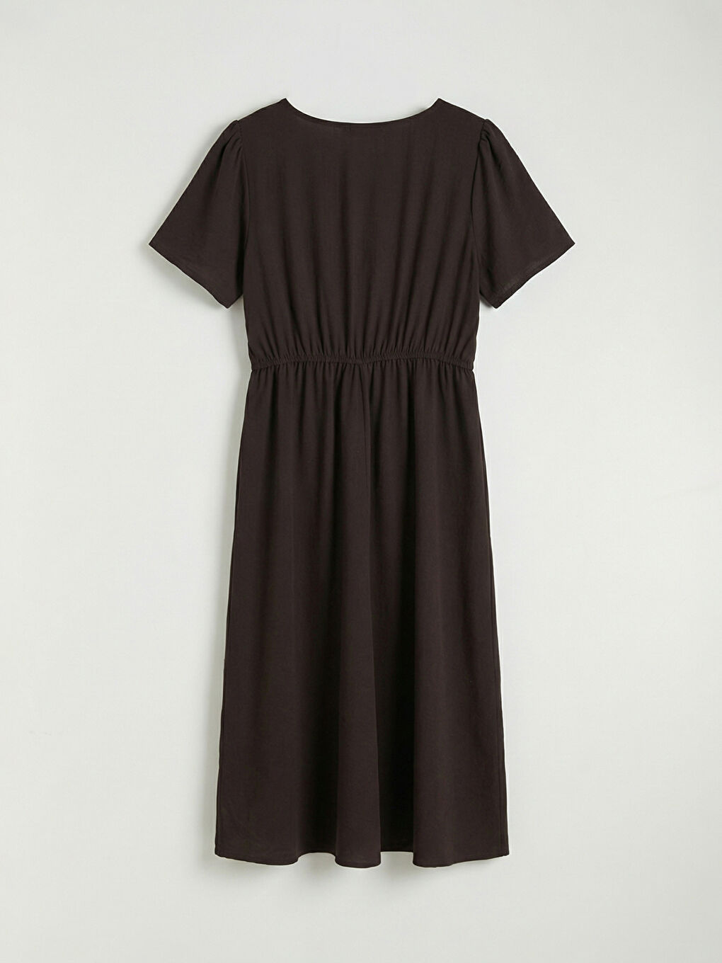 Kahverengi V Yaka Belden Oturtmalı Elbise	-5