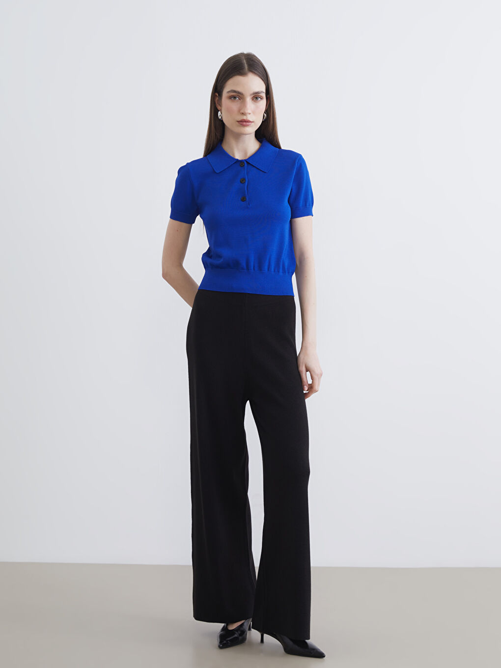 Siyah Beli Lastikli Geniş Paça Kadın Triko Pantolon