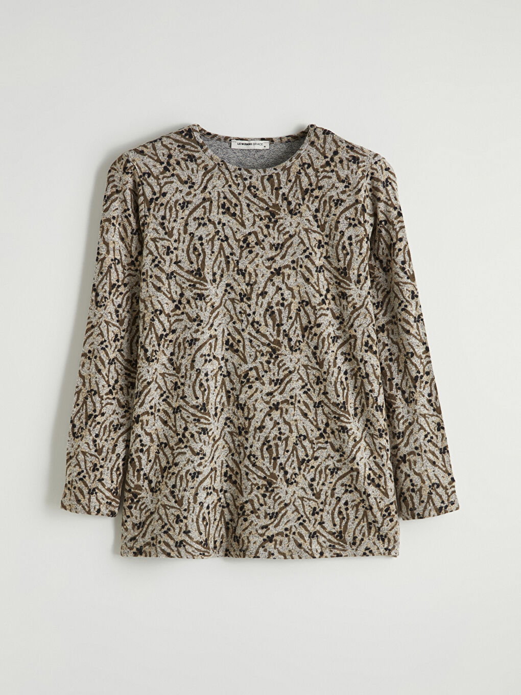 Bej Bisiklet Yaka Desenli Kadın Tişört		
