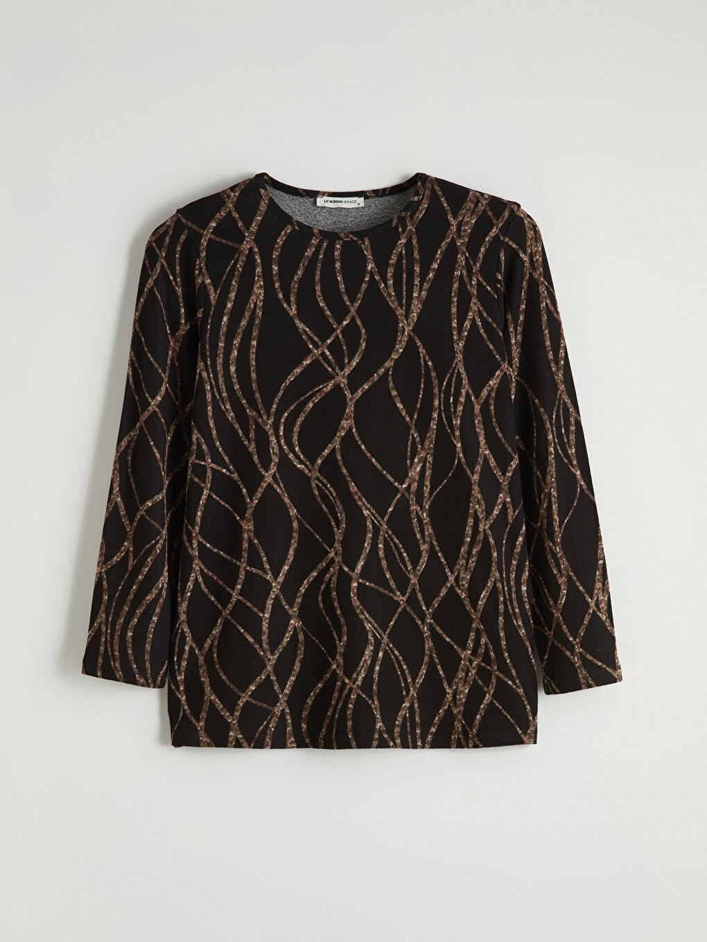 Siyah Bisiklet Yaka Desenli Kadın Tişört		
