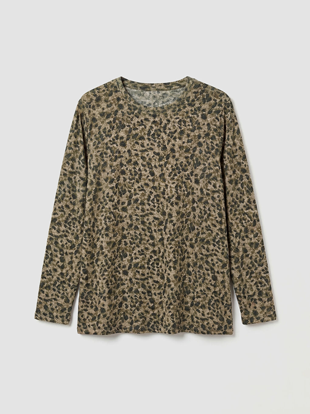 Haki Bisiklet Yaka Desenli Kadın Tişört		
