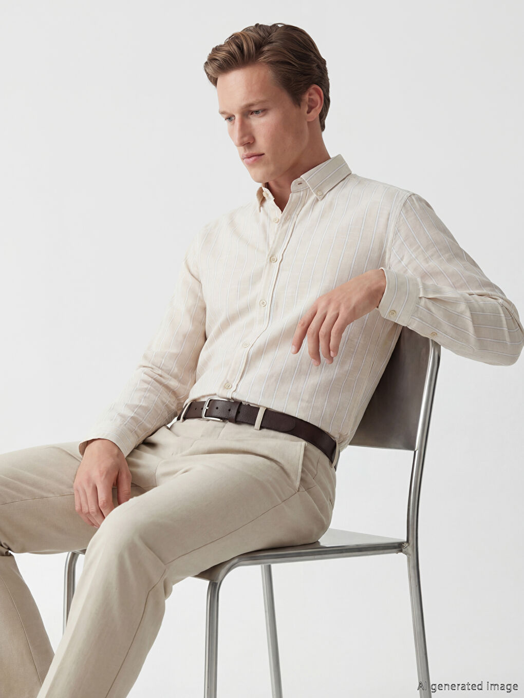 Bej Regular Fit Çizgili Poplin Erkek Gömlek