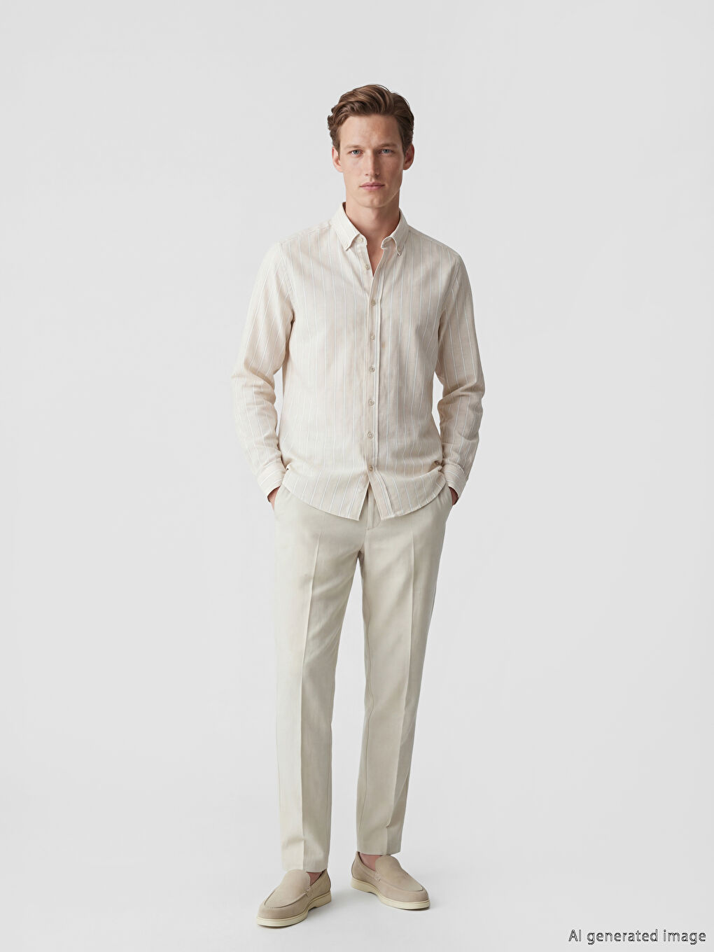 Bej Regular Fit Çizgili Poplin Erkek Gömlek-1