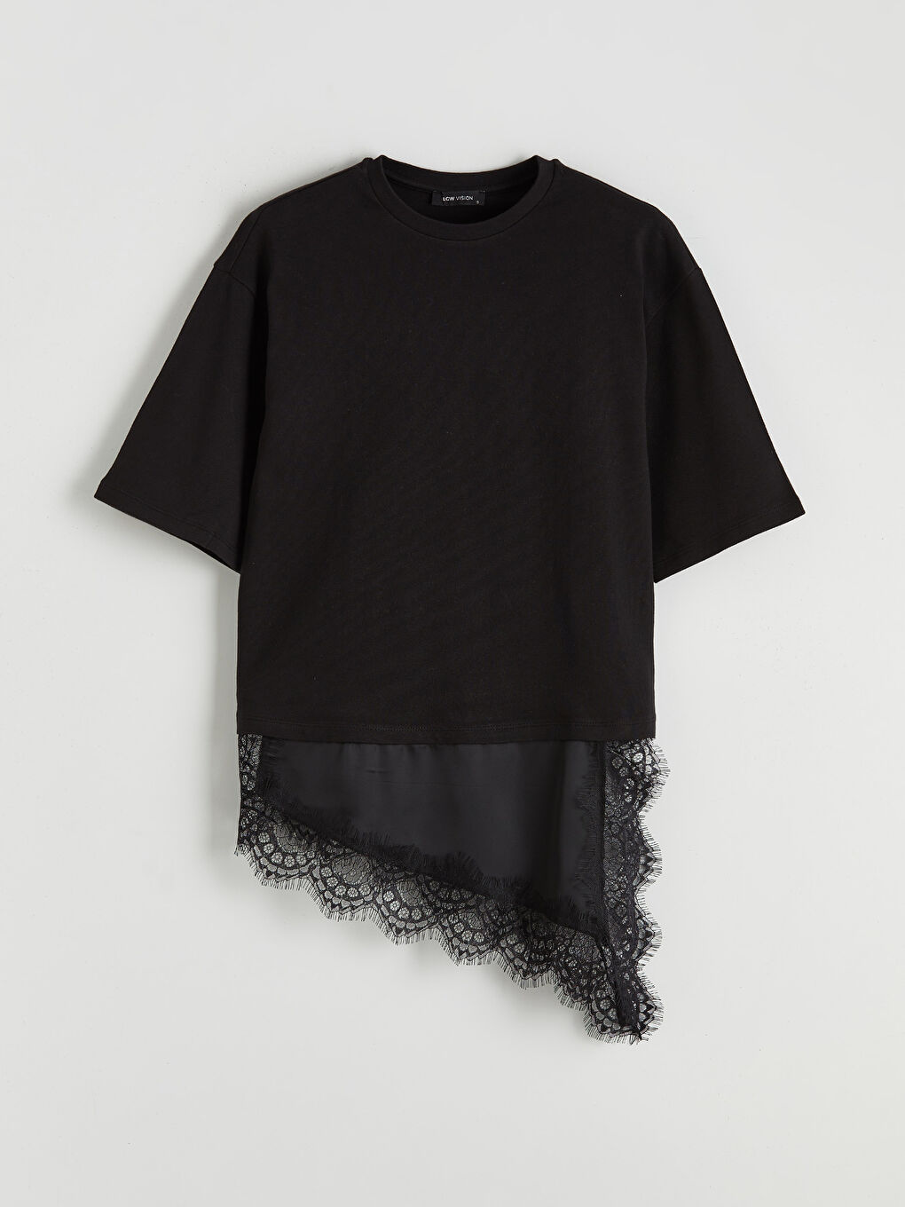 Siyah Bisiklet Yaka Dantel Detaylı Kadın Tişört-4