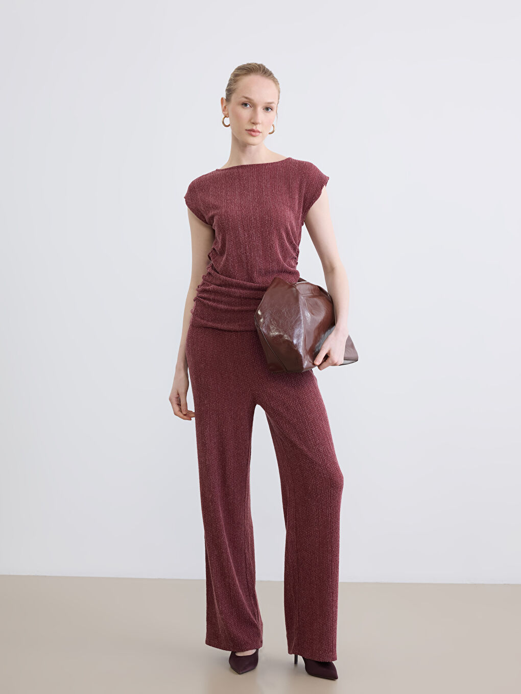Crew Neck Ruched Textured Blouse-1