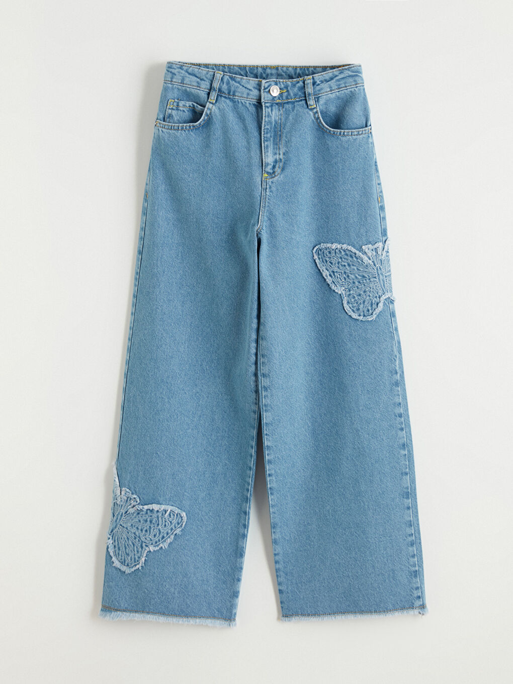 İndigo Wideleg Nakışlı Kız Çocuk Jean Pantolon