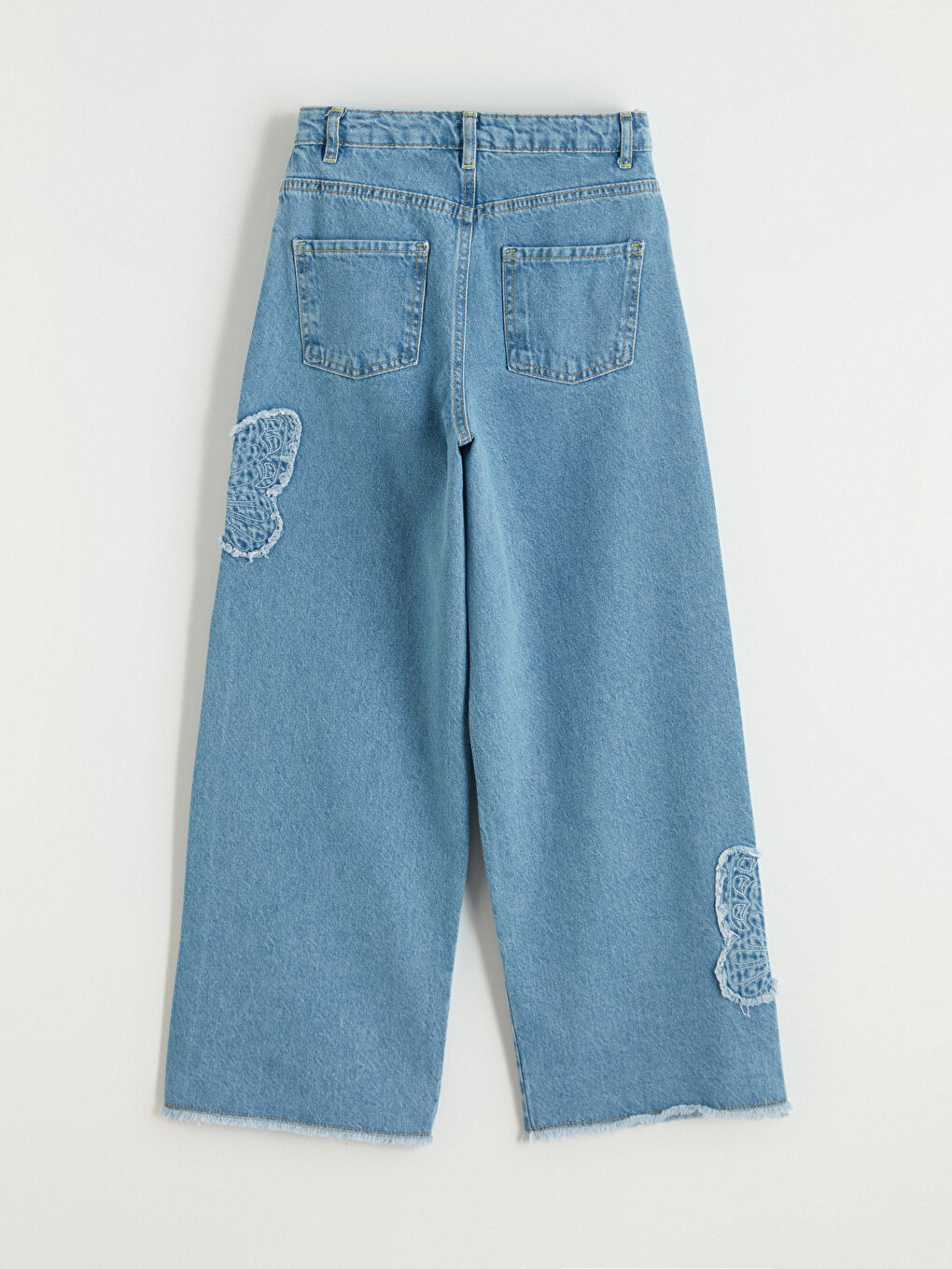 İndigo Wideleg Nakışlı Kız Çocuk Jean Pantolon-3