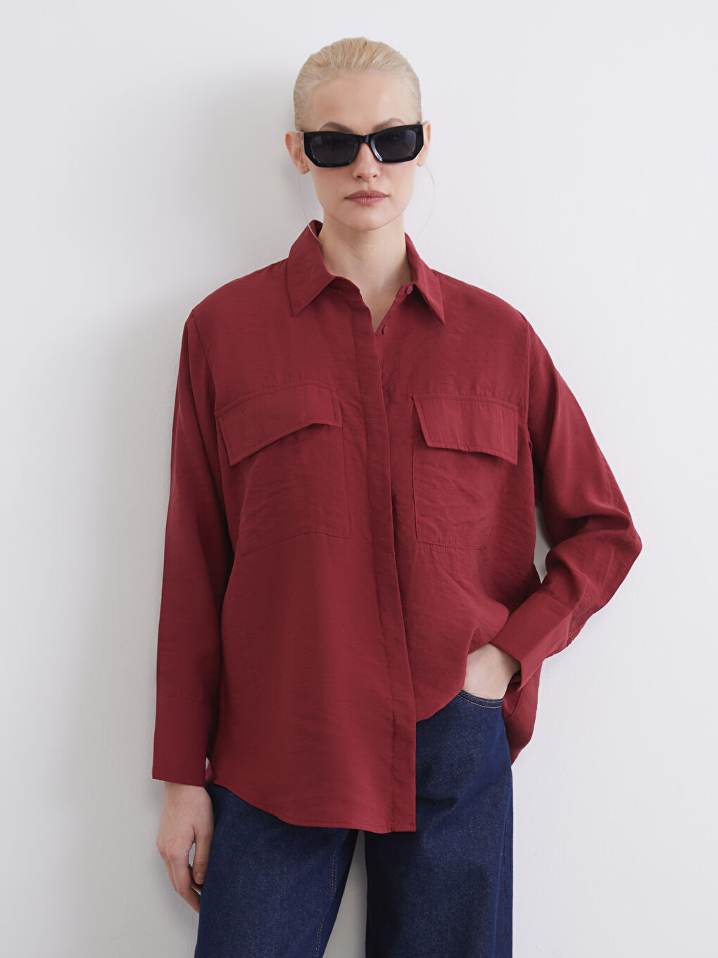 Bordo Oversize Kadın Gömlek