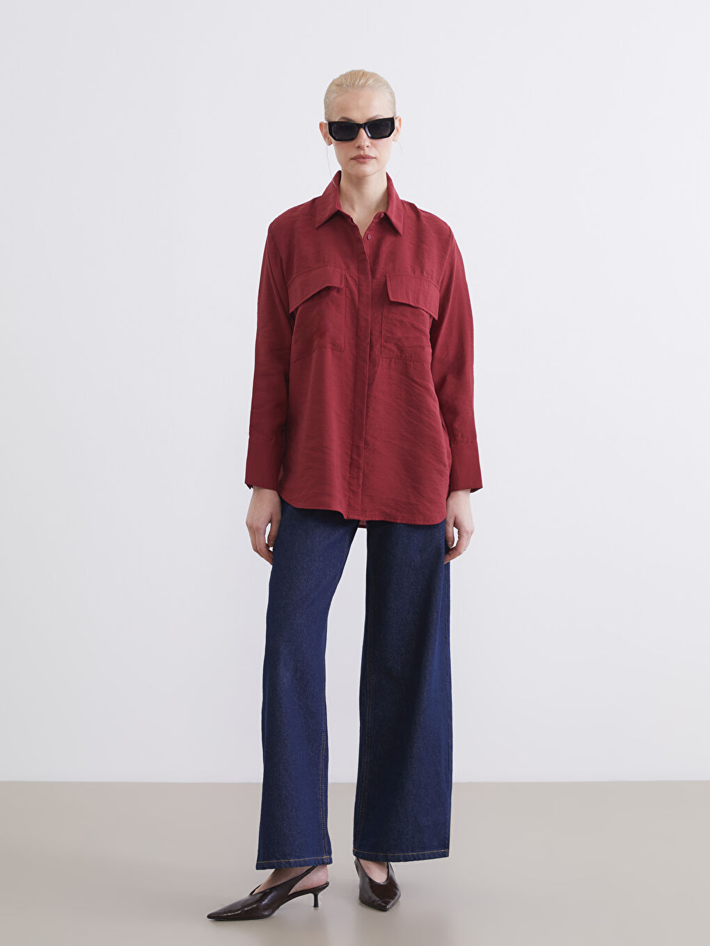 Bordo Oversize Kadın Gömlek-2