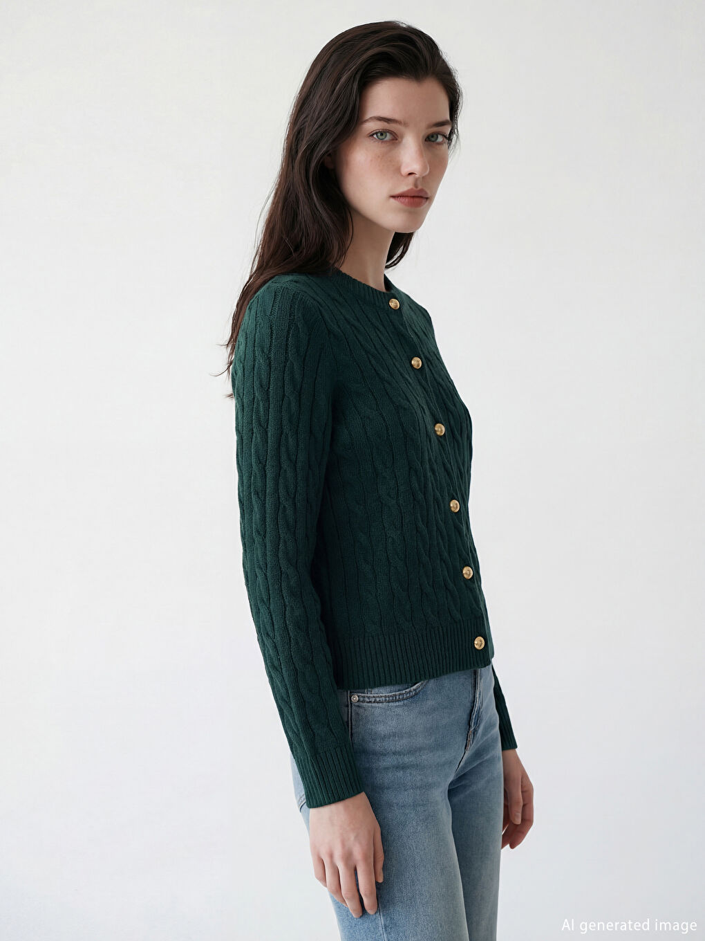 Yeşil Bisiklet Yaka Desenli Kadın Triko Hırka	