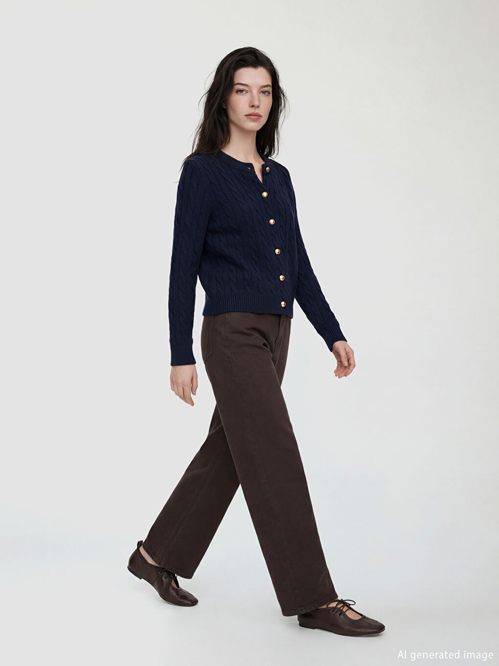 Lacivert Bisiklet Yaka Desenli Kadın Triko Hırka	-1