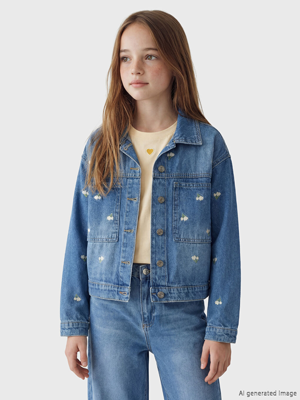 İndigo Çiçekli Kız Çocuk Jean Ceket