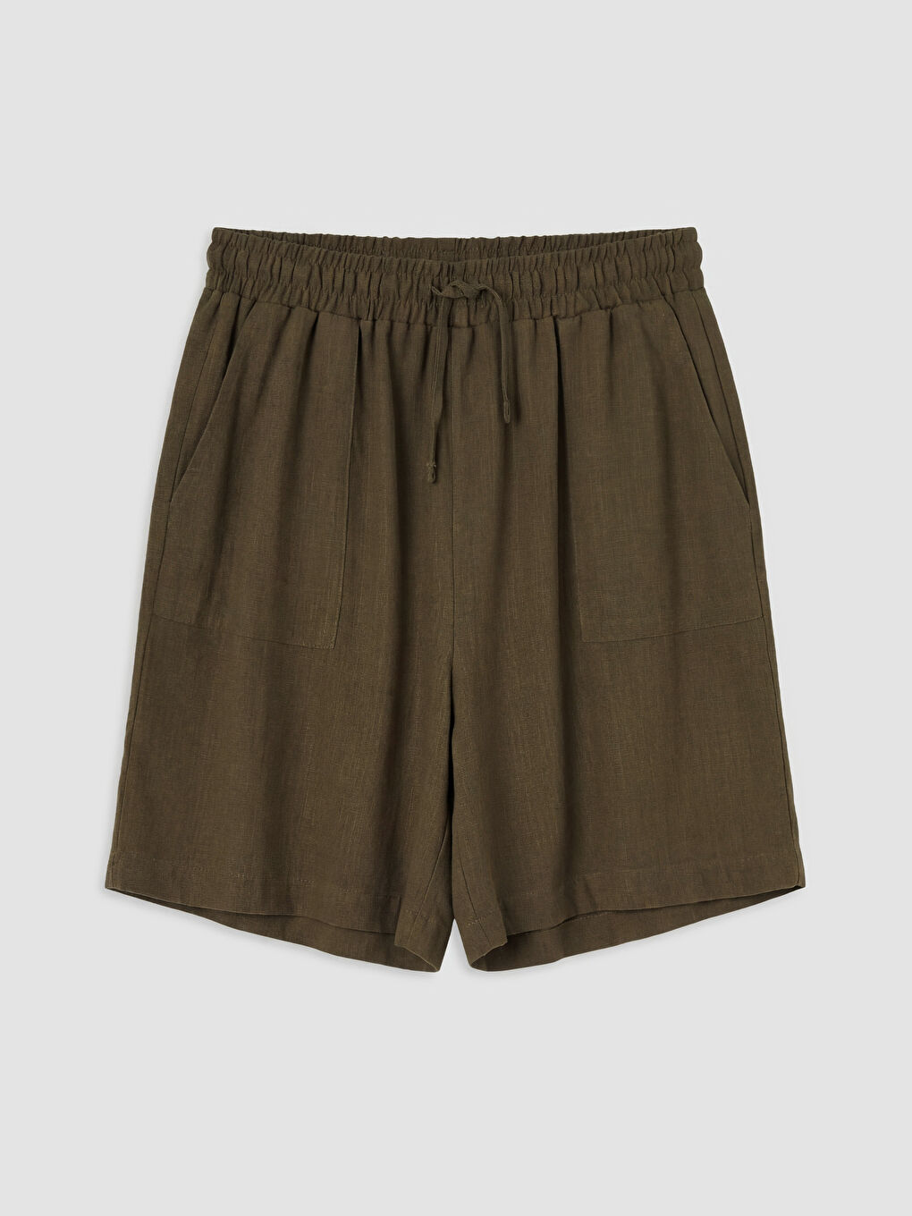 Haki Beli Lastikli Keten Görünümlü Kadın Şort