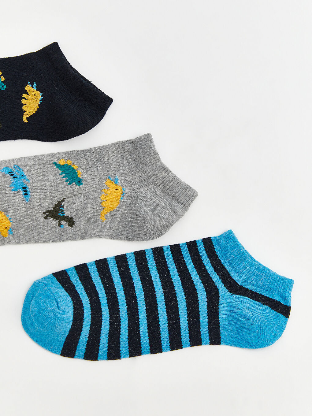 Mavi Çizgili ve Desenli Erkek Çocuk Patik Çorap 3'lü-1