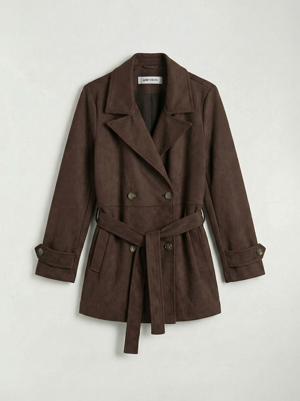 Kahverengi Kruvaze Yaka Süet Görünümlü Kadın Trençkot-5